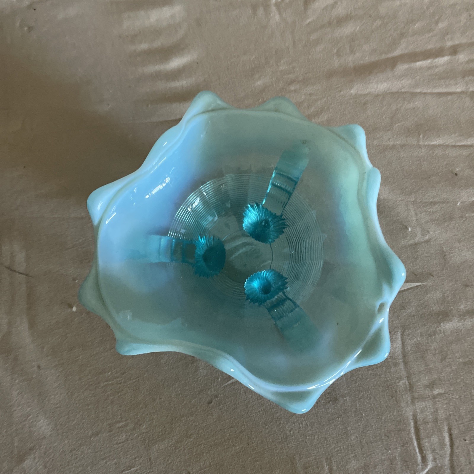 Antique Northwood Klondyke Blue Opalescent Fluted Scroll Footed Bowl