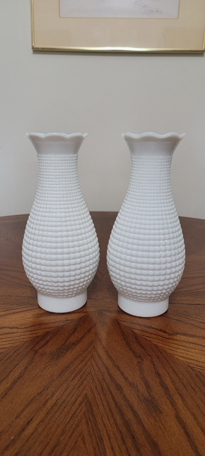 Pair of Vintage White Hobnail Ring of Fire Milk Glass Hurricane Lamp Globes
