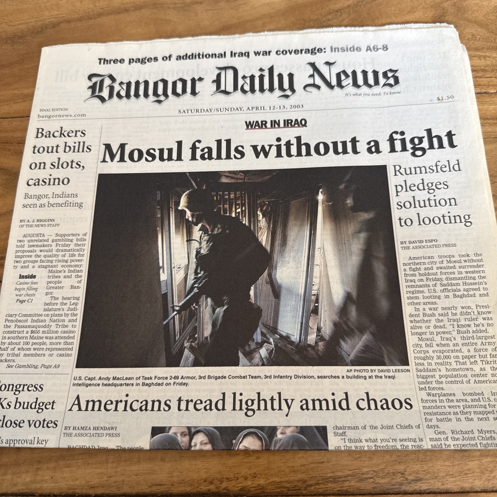 April 12 13 2003 Bangor Daily News Newspaper Maine Iraq War Mosul Great Northern