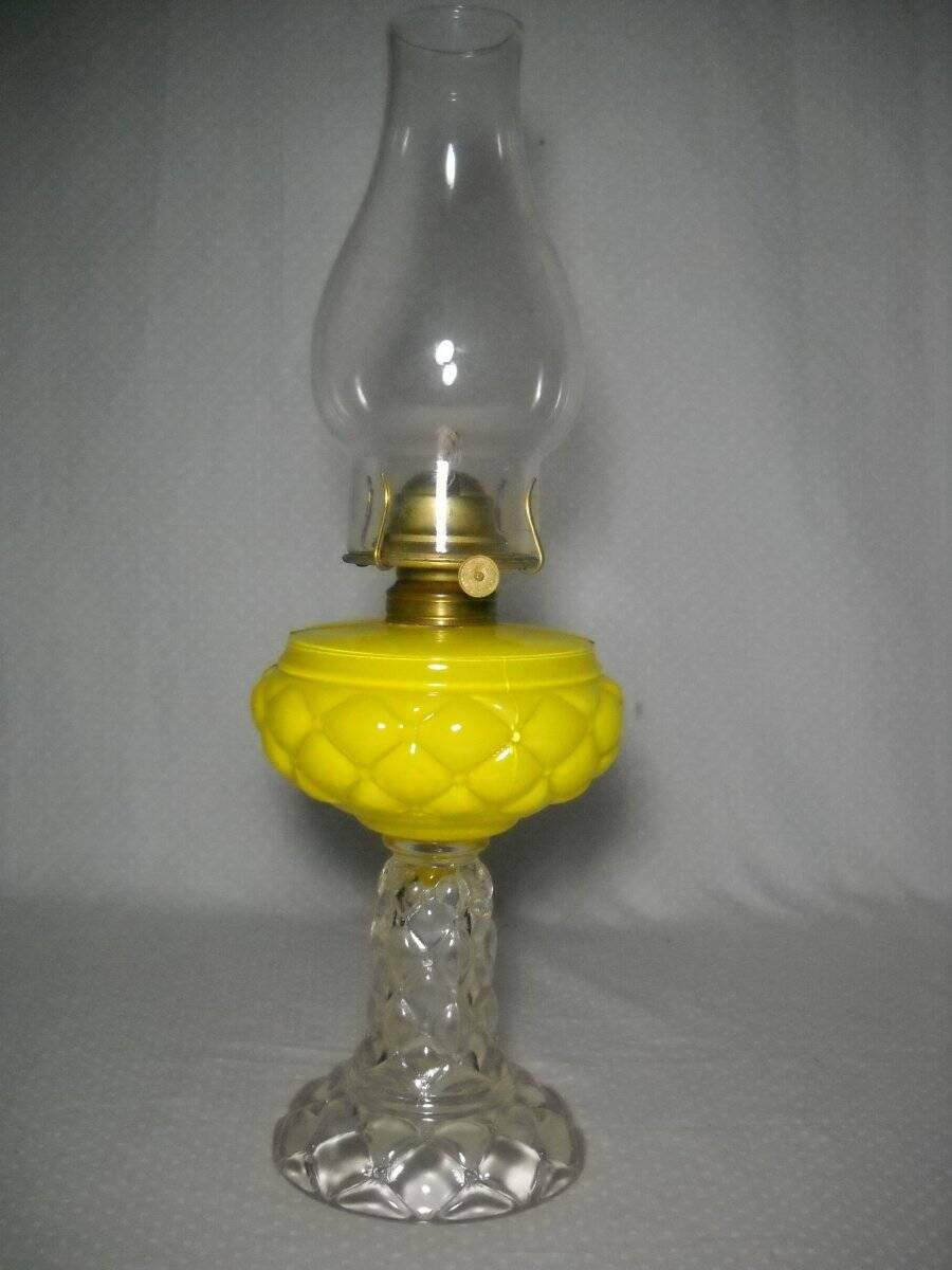 Yellow Cased Glass Florette/Quilt Oil Lamp Consolidated Lamp Co. Pittsburgh, PA