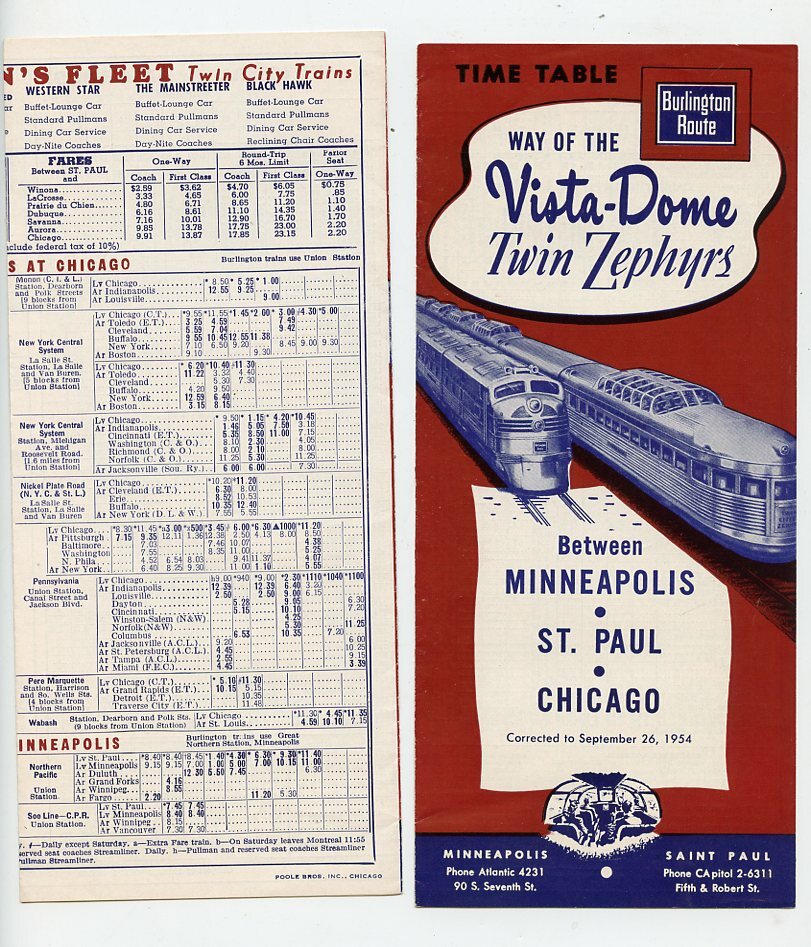 2 Identical 1954 Brochures-Time Table Burlington Route-Vista Dome Twin Zephyrs