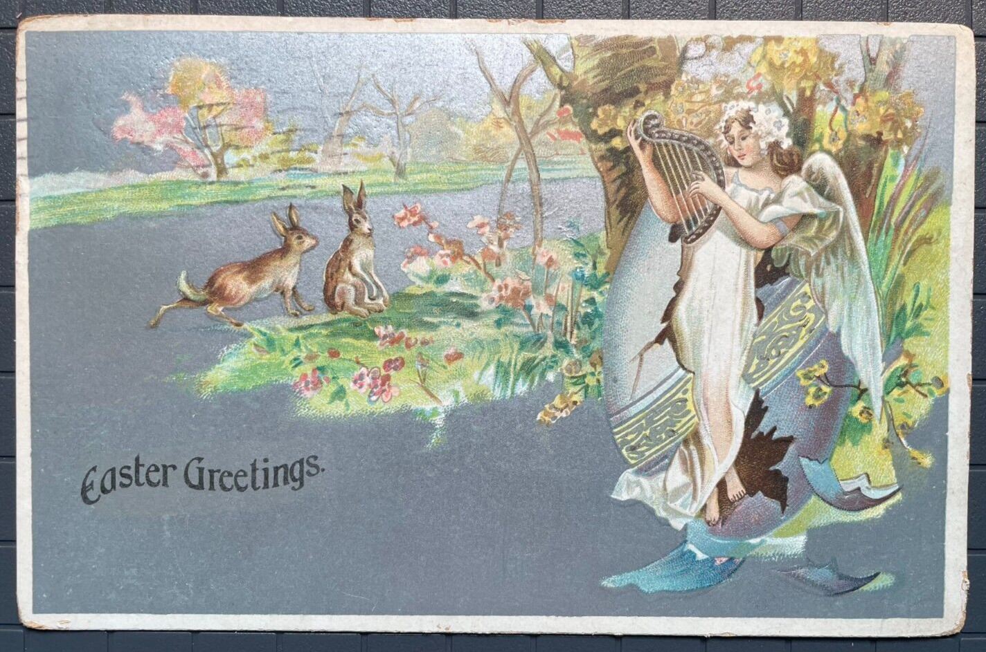 Vintage Victorian Postcard 1911 Easter Greetings - Angel with Harp