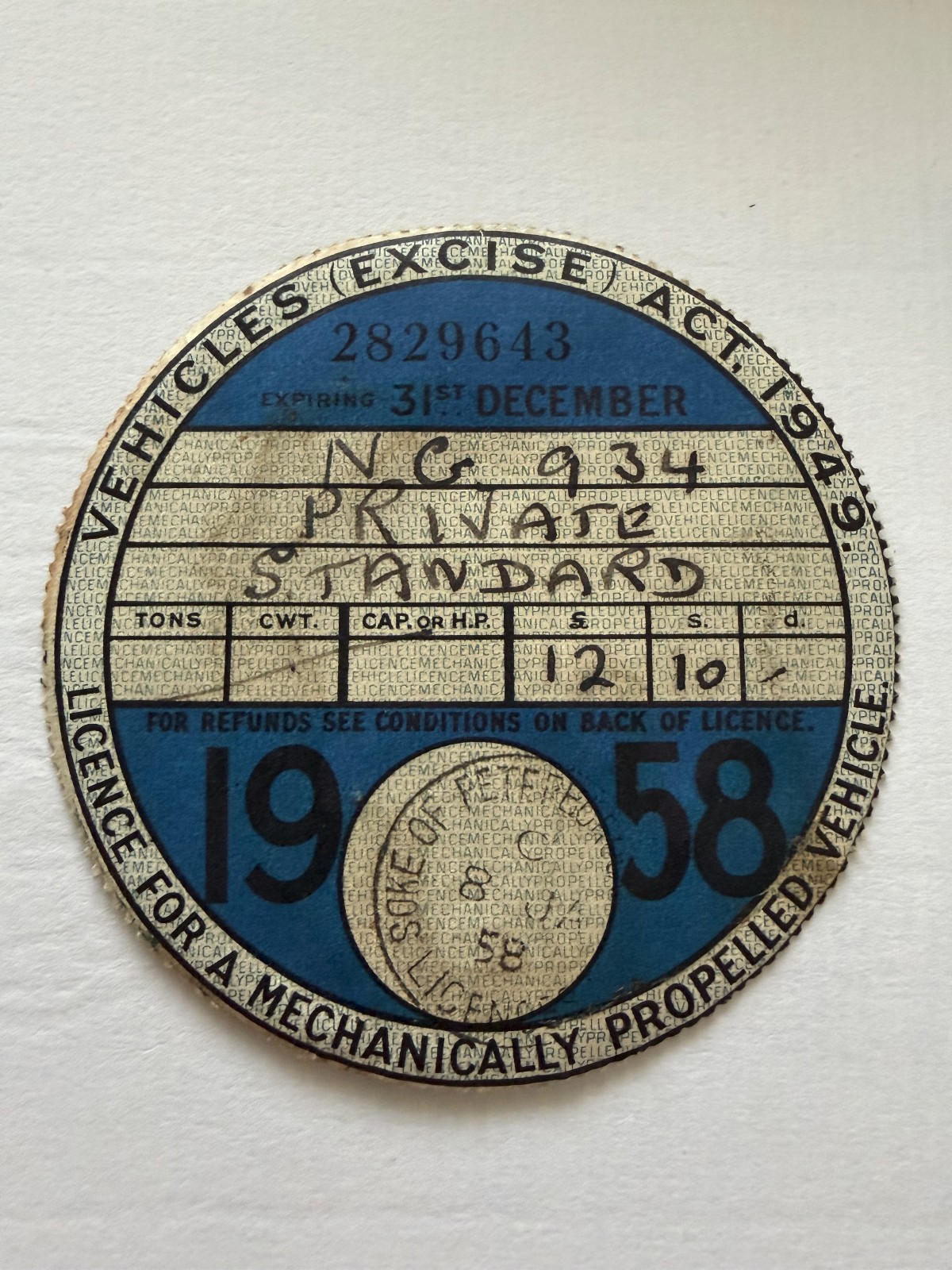 Vintage 1958 Vehile Tax Disc - Orginal NOT a reproduction