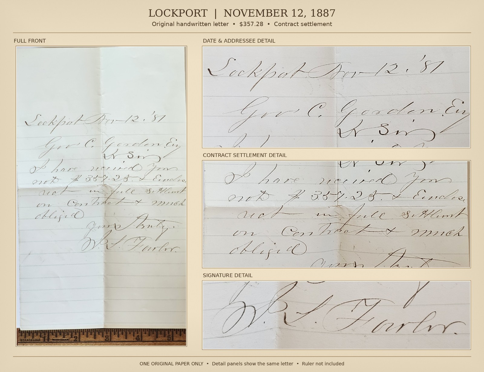 1887 Lockport Signed Letter $357.28 Contract Settlement Antique Ephemera