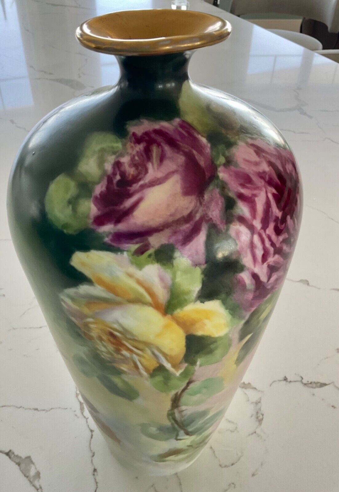J.P. LIMOGES FRANCE HAND PAINTED ROSES VASE - 13 inches TALL