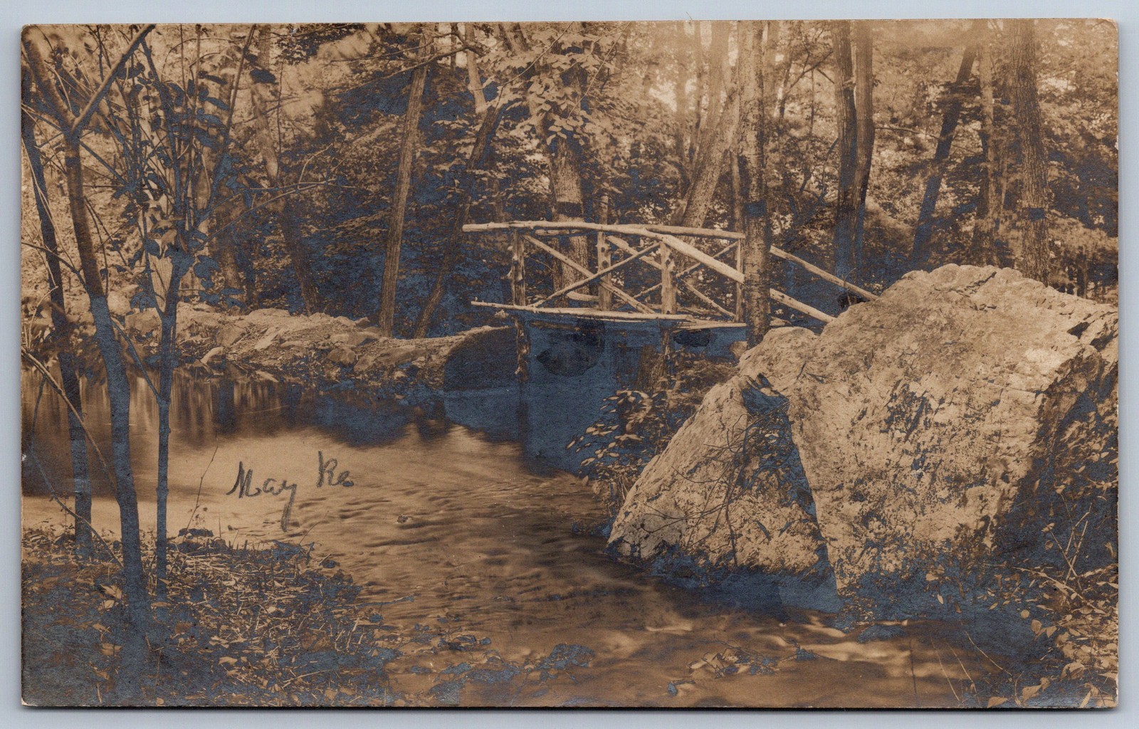 RPPC Woodland Creek Rustic Log Footbridge Real Photo Postcard 1909 Malden MA