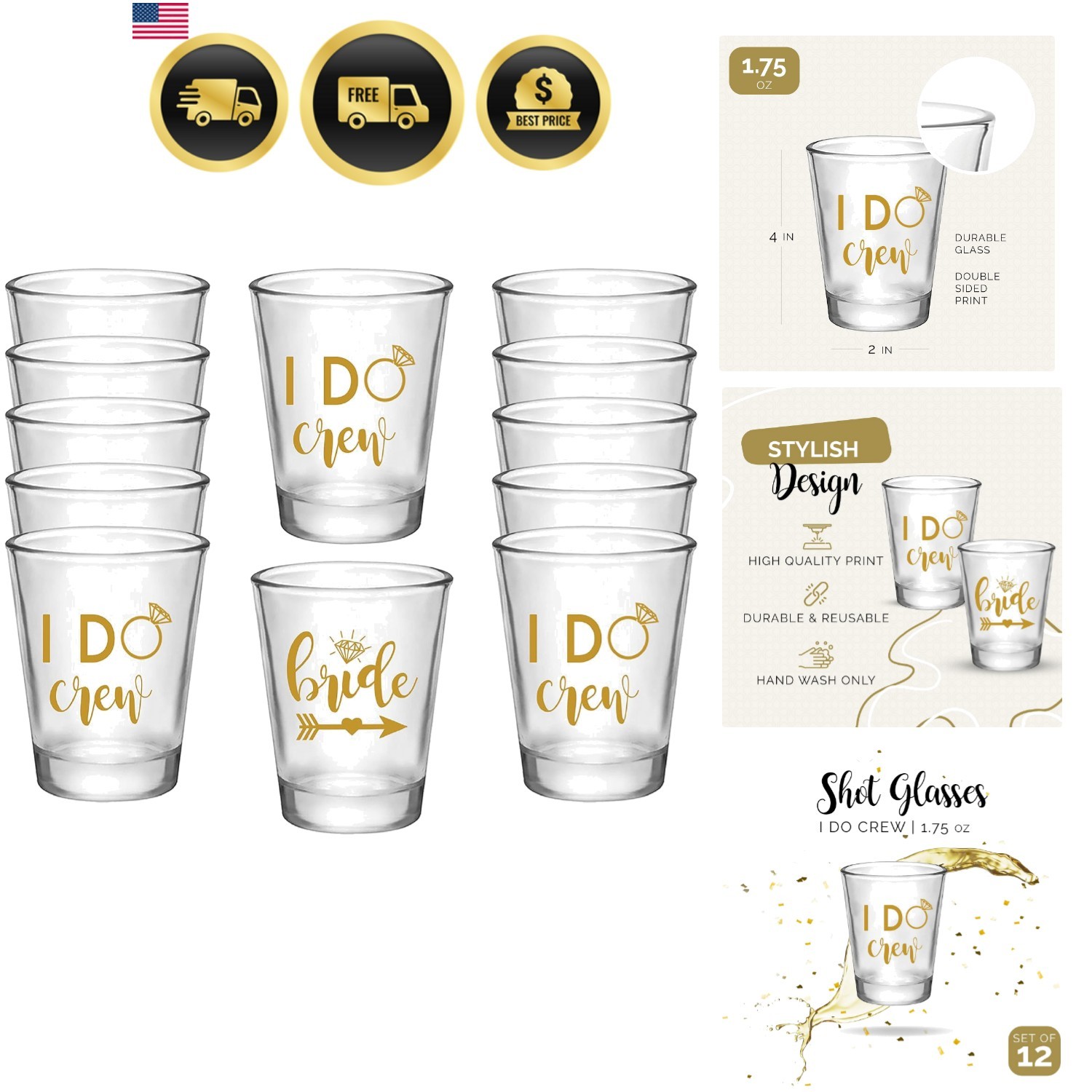 Bride and I Do Crew Bachelorette Shot Glasses, Set of 12, 11 Gold I Do Crew a... Bride and I Do Crew Bachelorette Shot Glasses, Set of 12, 11 Gold I Do Crew a...