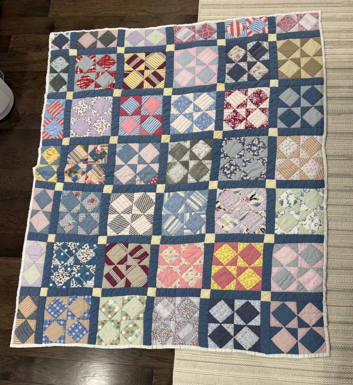 Vintage Early Grid Patchwork Crazy Quilt 62x75 “Ski Lodge. No Credit. No Refund”