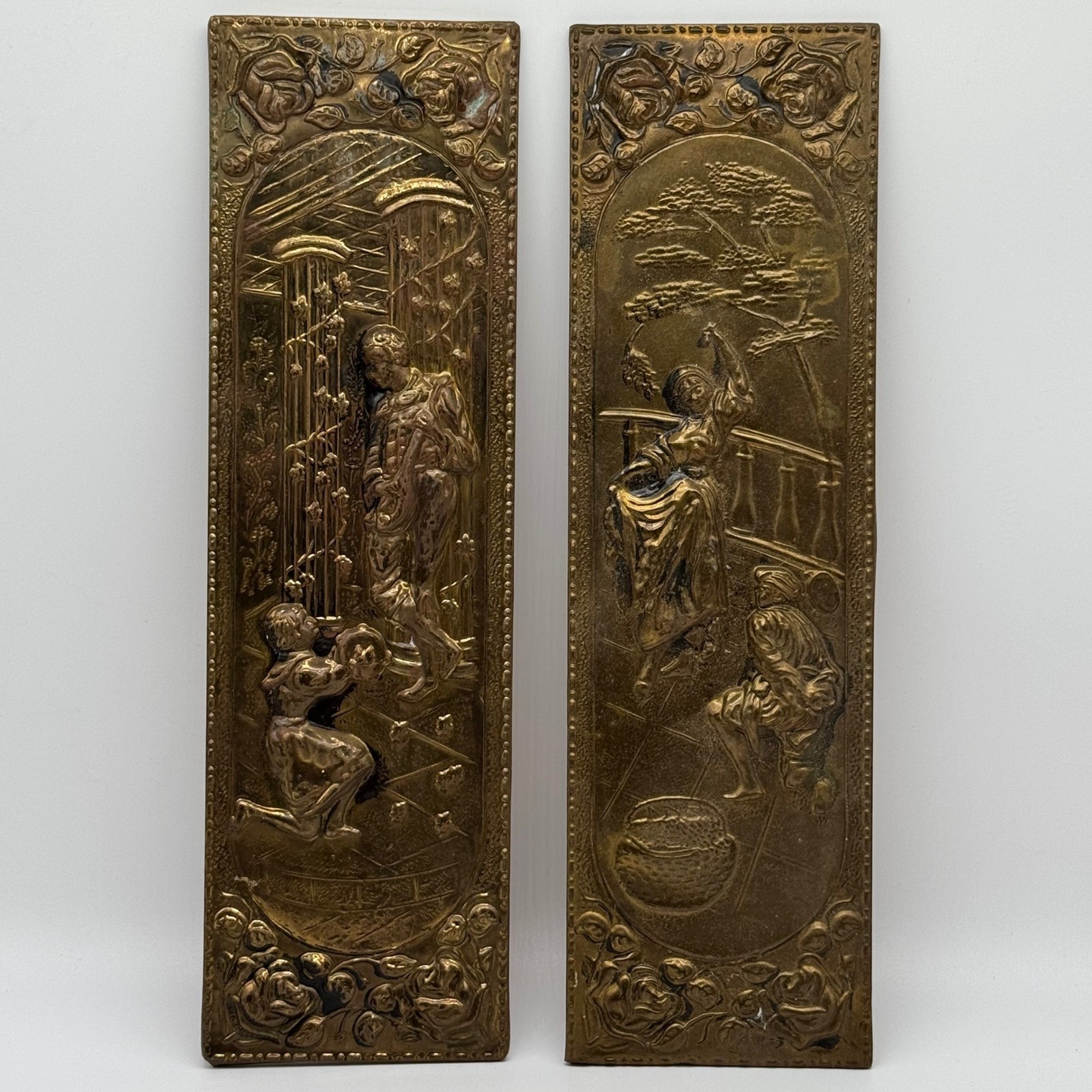Vtg Pair World Gift Brass Wall Plaques Panels England Repousse Courtship Scenes Vtg Pair World Gift Brass Wall Plaques Panels England Repousse Courtship Scenes