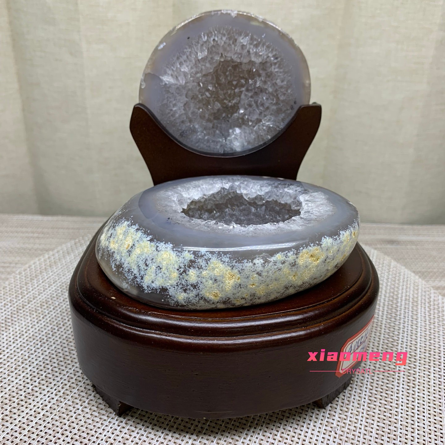 1.9LB  Natural Agate Treasure Basin Geode Crystal Cluster Specimen With Wooden B