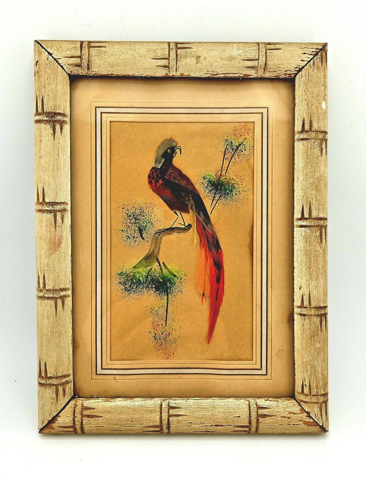 Vintage Mexican Feather Art Bird Painting Framed Faux Bamboo Wood Mid Century