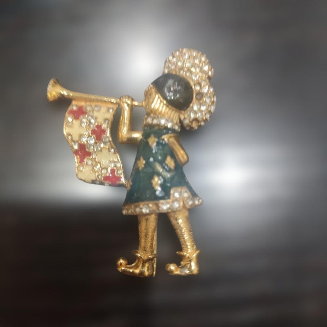 CINER Vintage Enamel Rhinestone Brooch Rare Boy Messenger Theme Used
