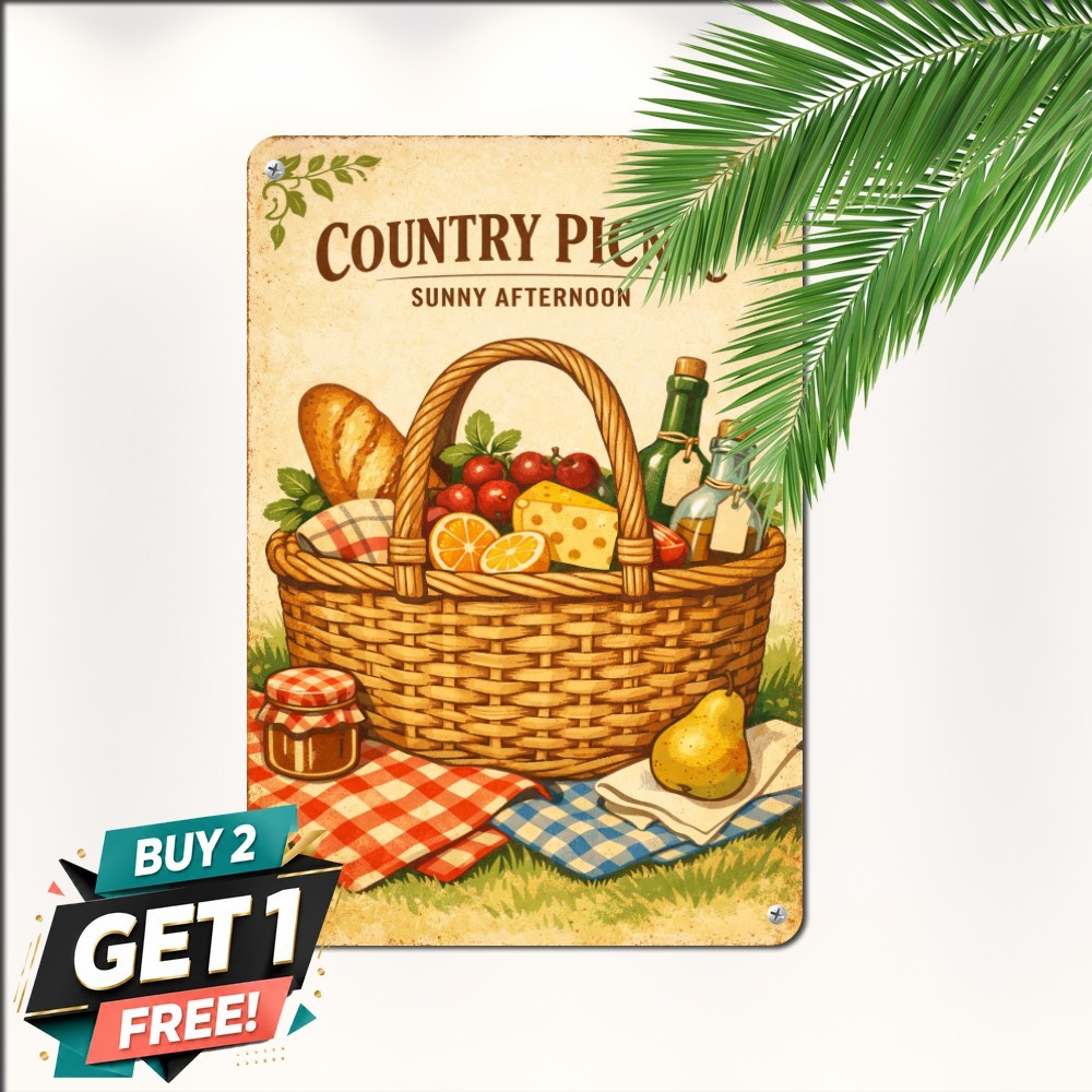 Rustic Woven Picnic Basket Sign Country Summer Kitchen Metal Plaque 8x12