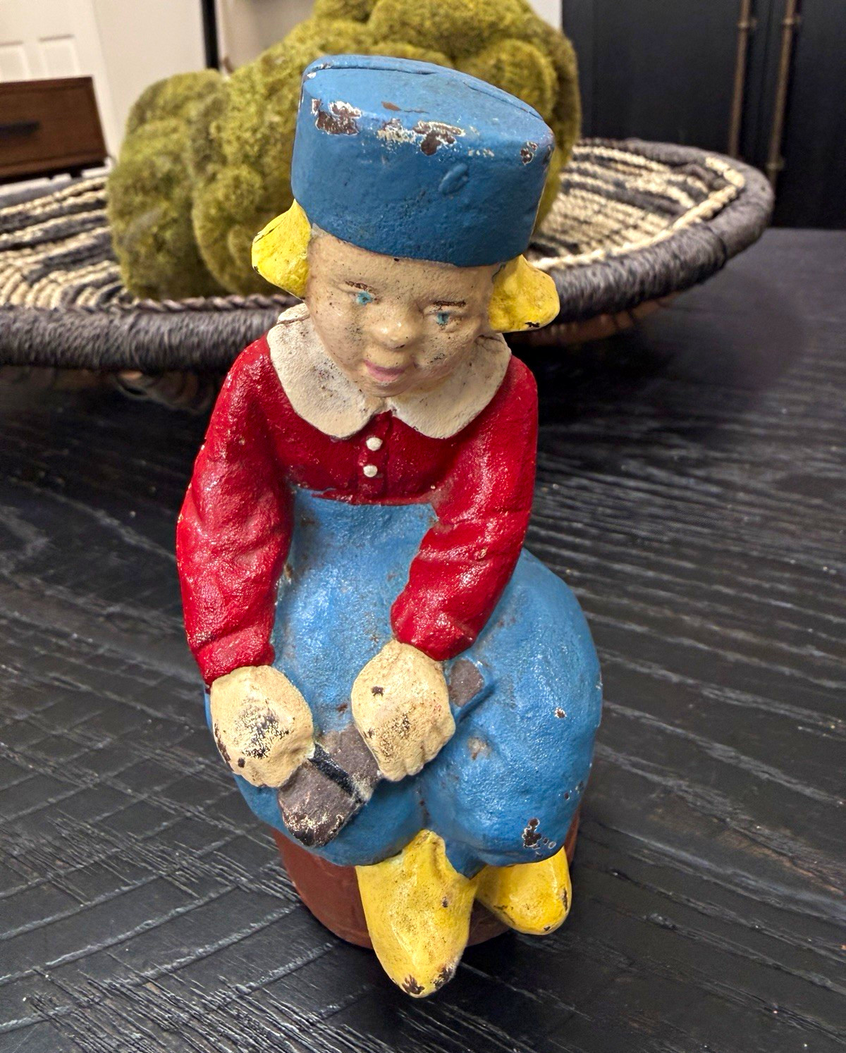 Vintage Hubley Cast Iron Dutch Boy on a Barrel Coin Bank Figurine Antique-Like