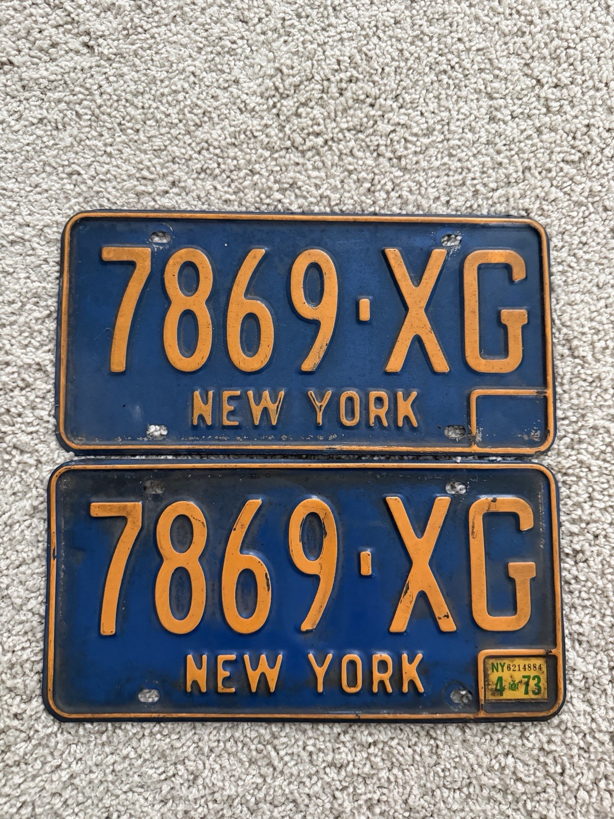 1973 New York License Plates Vintage Blue Orange Matching Set 7869 XG 1973 New York License Plates Vintage Blue Orange Matching Set 7869 XG