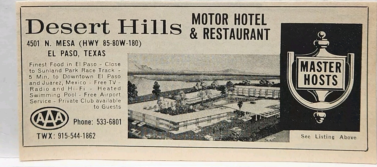1964 Desert Hills Motor Hotel Restaurant El Paso Texas Retro Original Print Ad