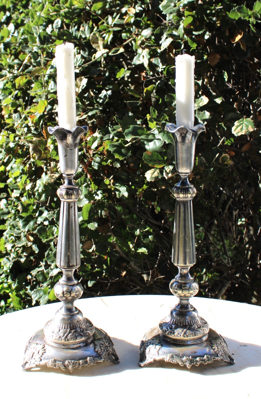 Antique Fraget N Plaque Candlesticks Pair Silver Brass Tone 1890’s #4221