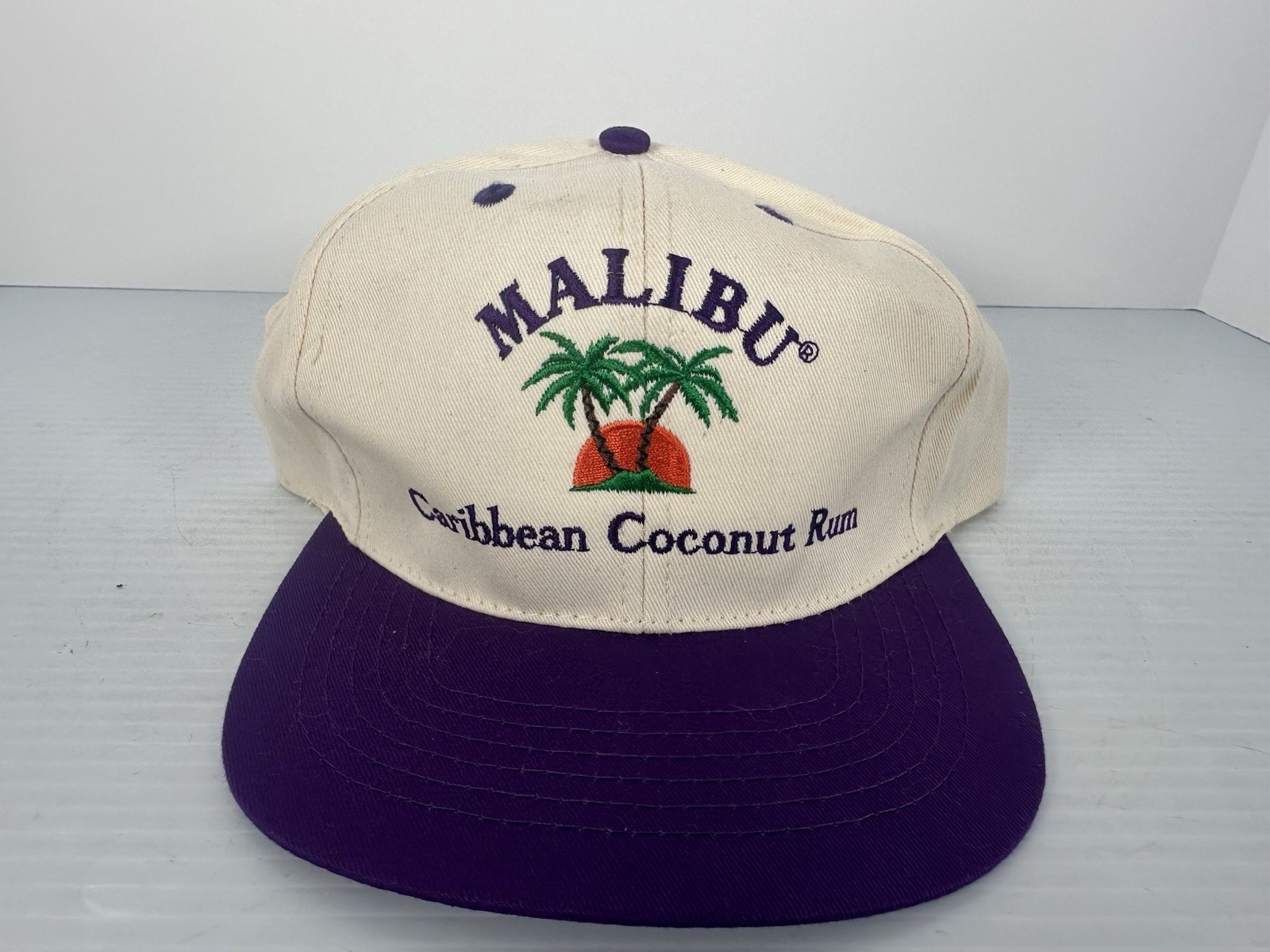 VINTAGE 1990\'S PROMO MALIBU CARIBBEAN COCONUT RUM AD BASEBALL CAP HAT Purple Rim