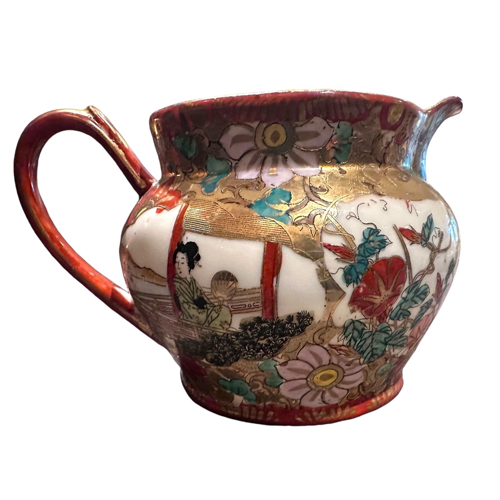 Japanese Handpainted Kutani Handled Pitcher Iron Red Gold Red Seal Mark