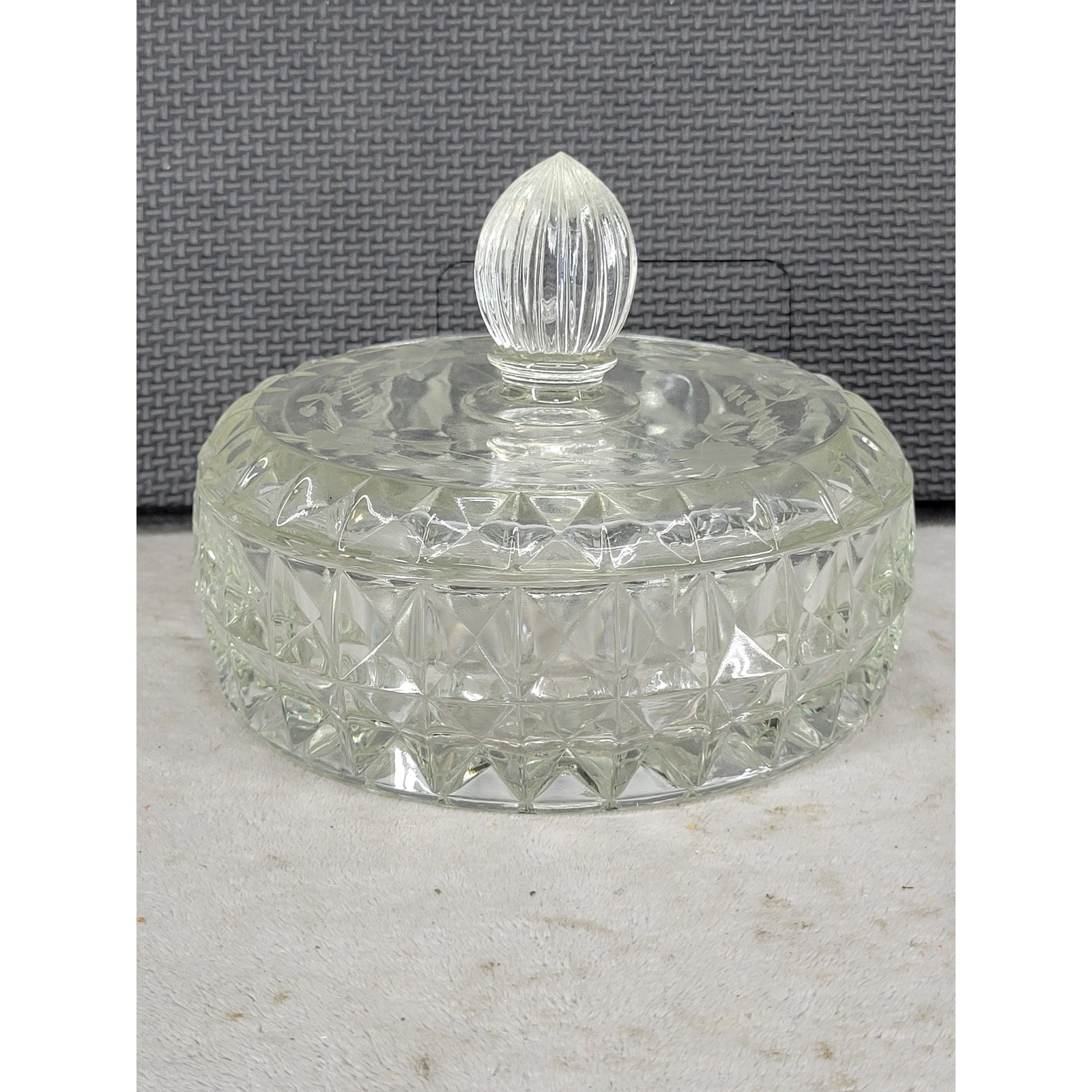 Vintage Clear Glass Lidded Trinket Dish Diamond Point Floral Etched Candy Bowl