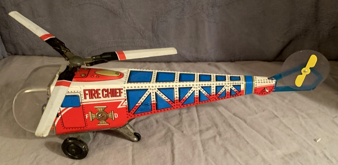 Neat Vintage  FIRE CHIEF  Tin  Friction  Toy  Helicopter  Made in Japan  9 1/2\
