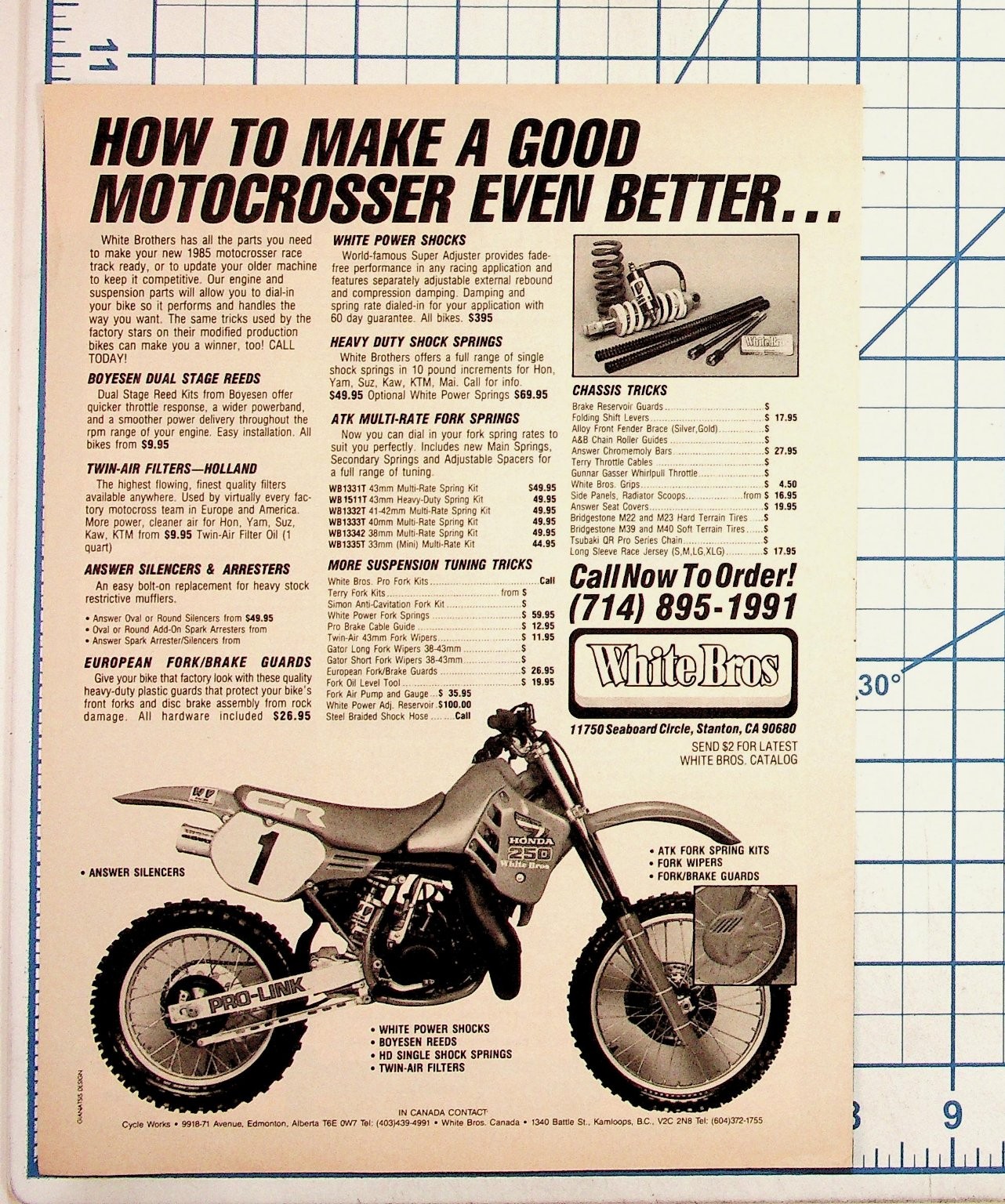 1985 White Bros. Motocross Parts Magazine Ad Honda CR250 Vintage MX Ephemera 1985 White Bros. Motocross Parts Magazine Ad Honda CR250 Vintage MX Ephemera
