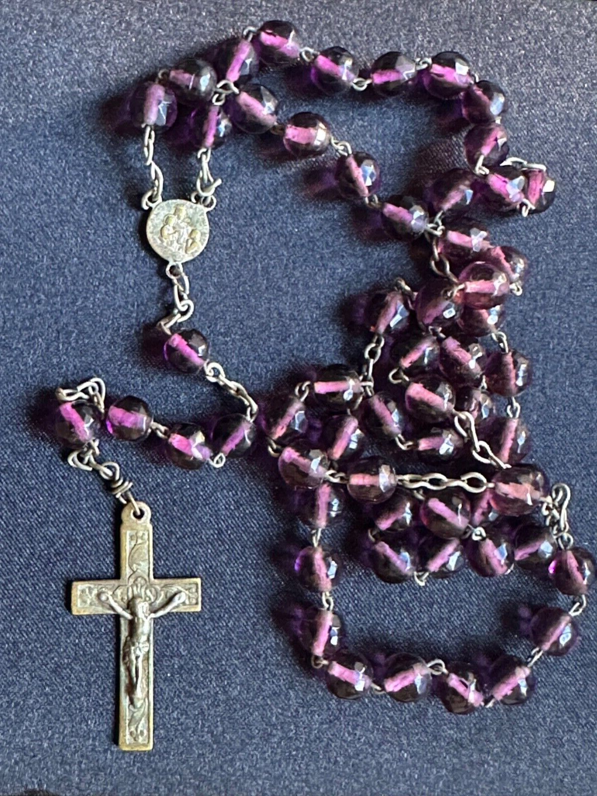 Antique French Purple faceted Glass Rosary with Silver ornaments 26\