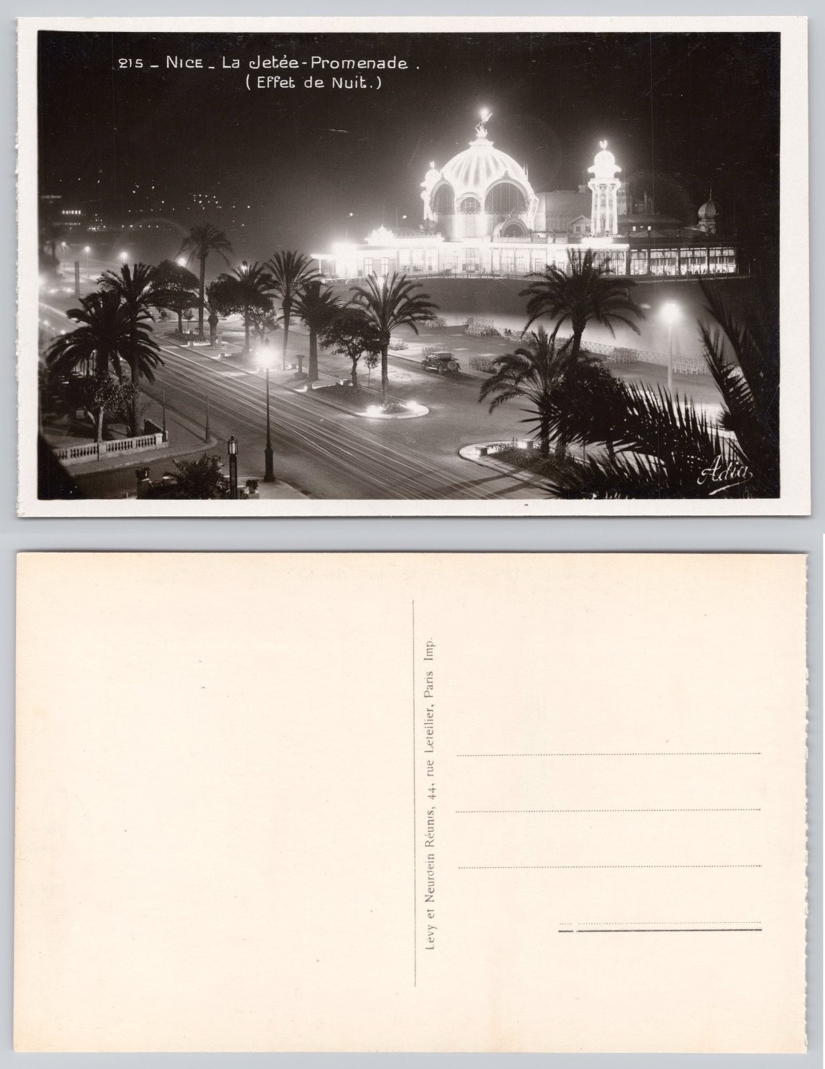Nice La Jetée-Promenade Night Effect RPPC Adia Levy & Neurdein Postcard