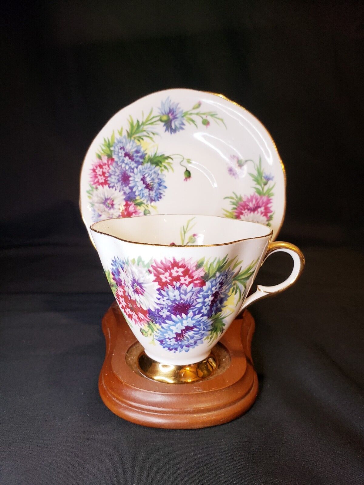 Vtg Clarence English Bone China Teacup Saucer Harvest Glory Floral Footed Gilded
