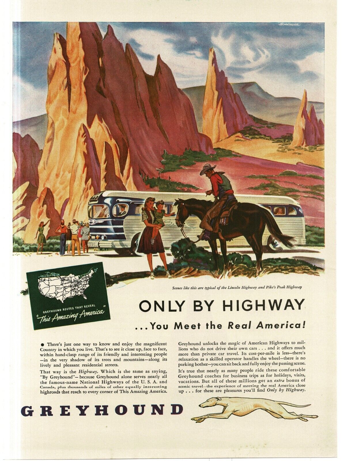 1946 Greyhound Bus Only By Highway western scene cowboy horse art Print Ad