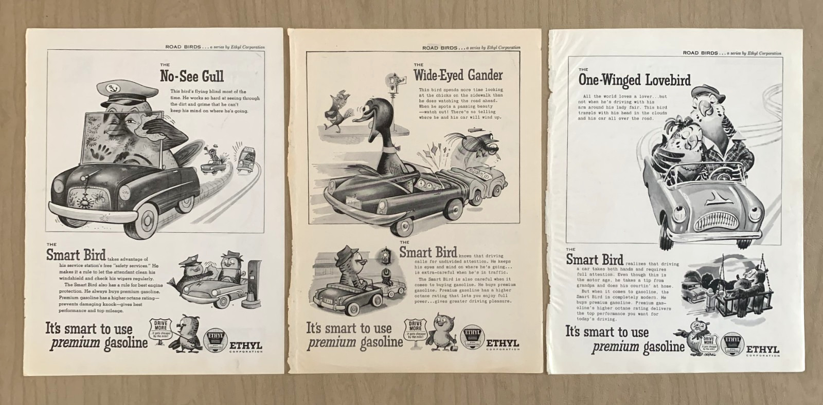1955 1956 Print Ads Ethyl Gasoline Gull Gander Lovebird Smart Bird Lot of 3