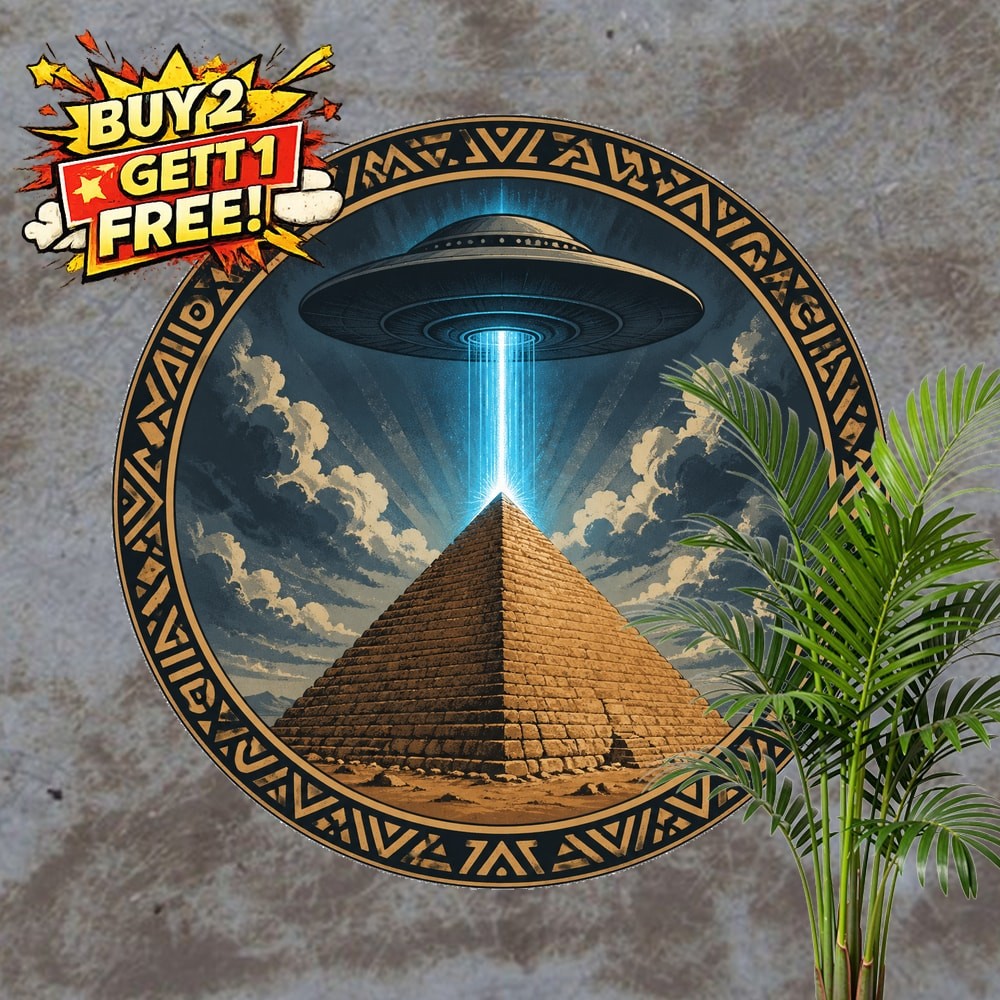 Ancient Pyramid UFO Space Mystery Art Round Metal Wall Plaque 8x8