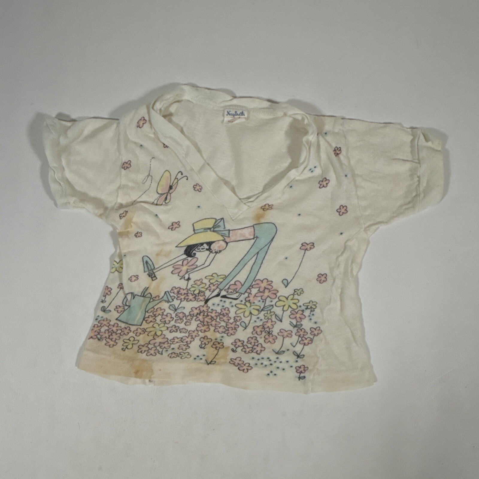Nazareth Youth Sz.6 1940s Historical Vintage V-Neck T-shirt w/ Gardening Theme