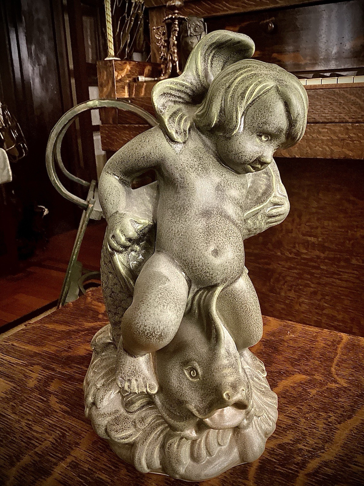 Rookwood Pottery 2009 Palaimon Boy Riding Dolphin Statue Gary Simon Matte 10041