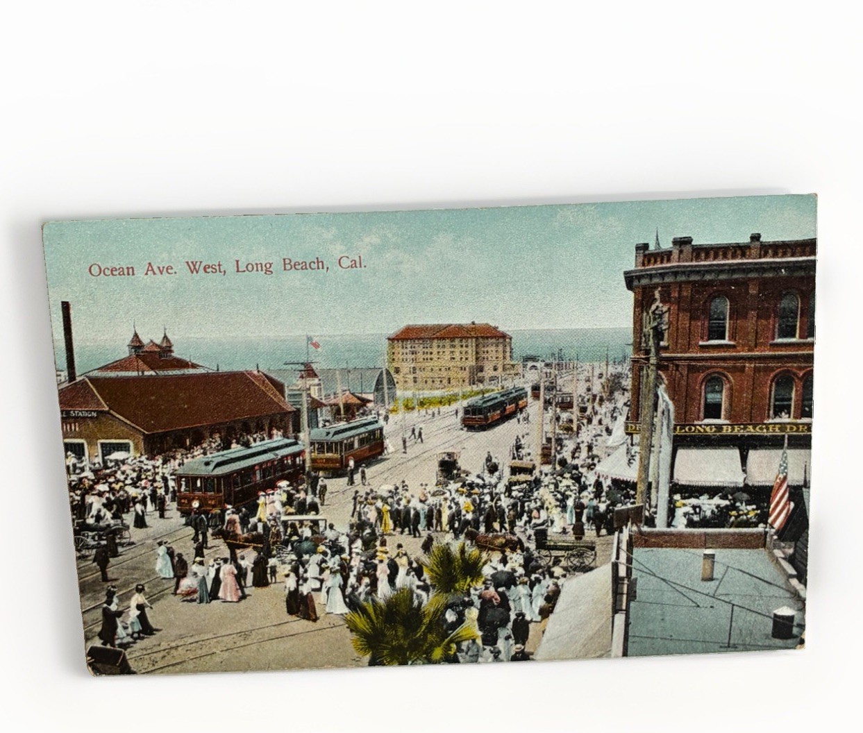 1900s Ocean Ave. West Trolleys Wagons Horses Stores Big Crowd Long Beach CA PC