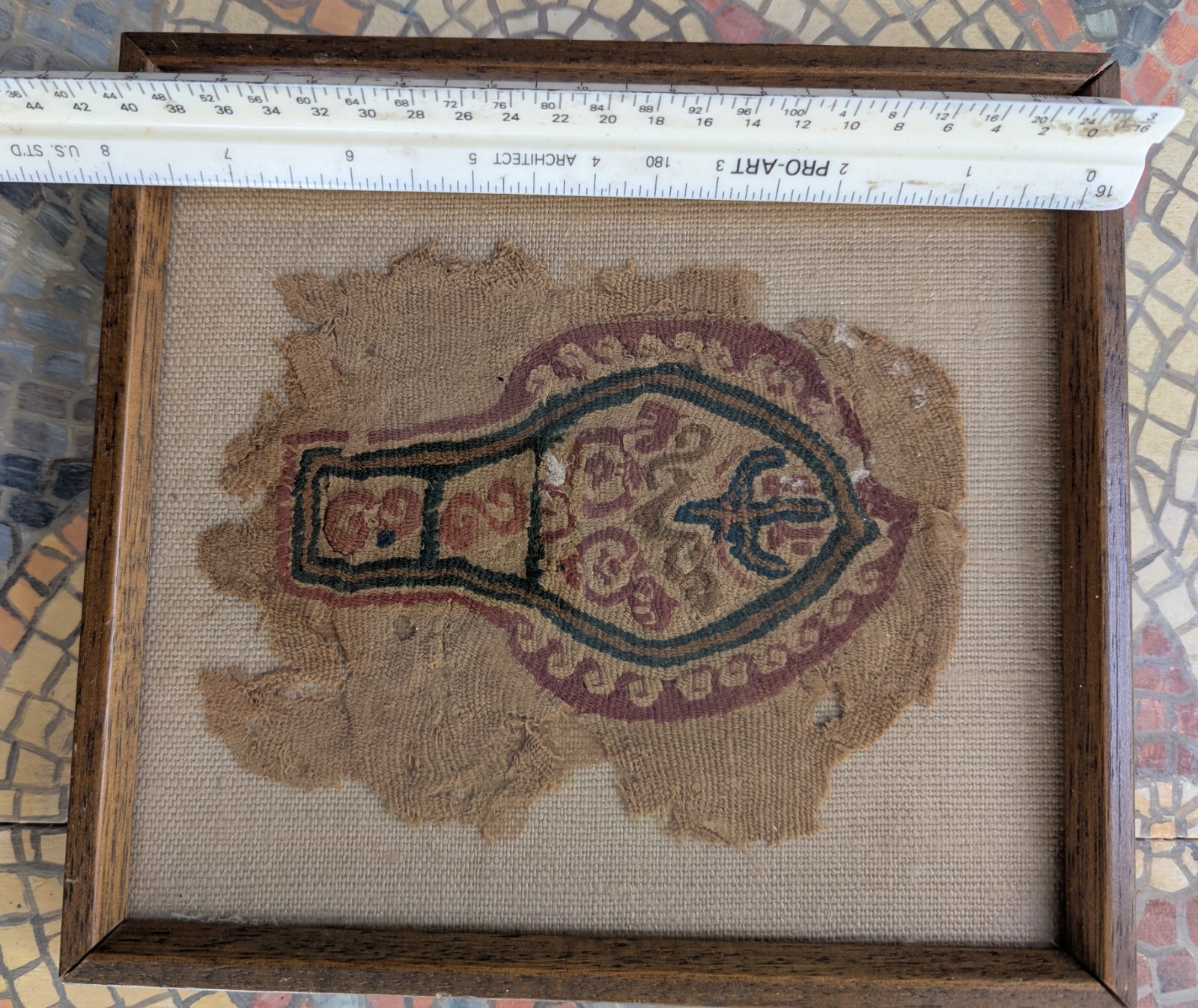 ancient linen tapestry fragment, 4 -9 Centuries. Professionally framed