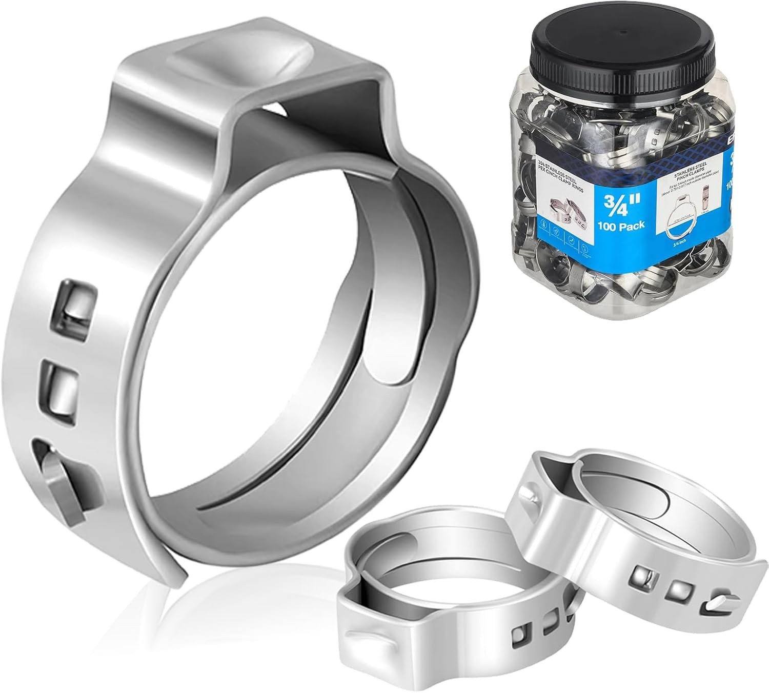 100-Pcs 3/4 Inch PEX Crimp Ring, Premium 304 Stainless Steel Pex Cinch Clamp Ri