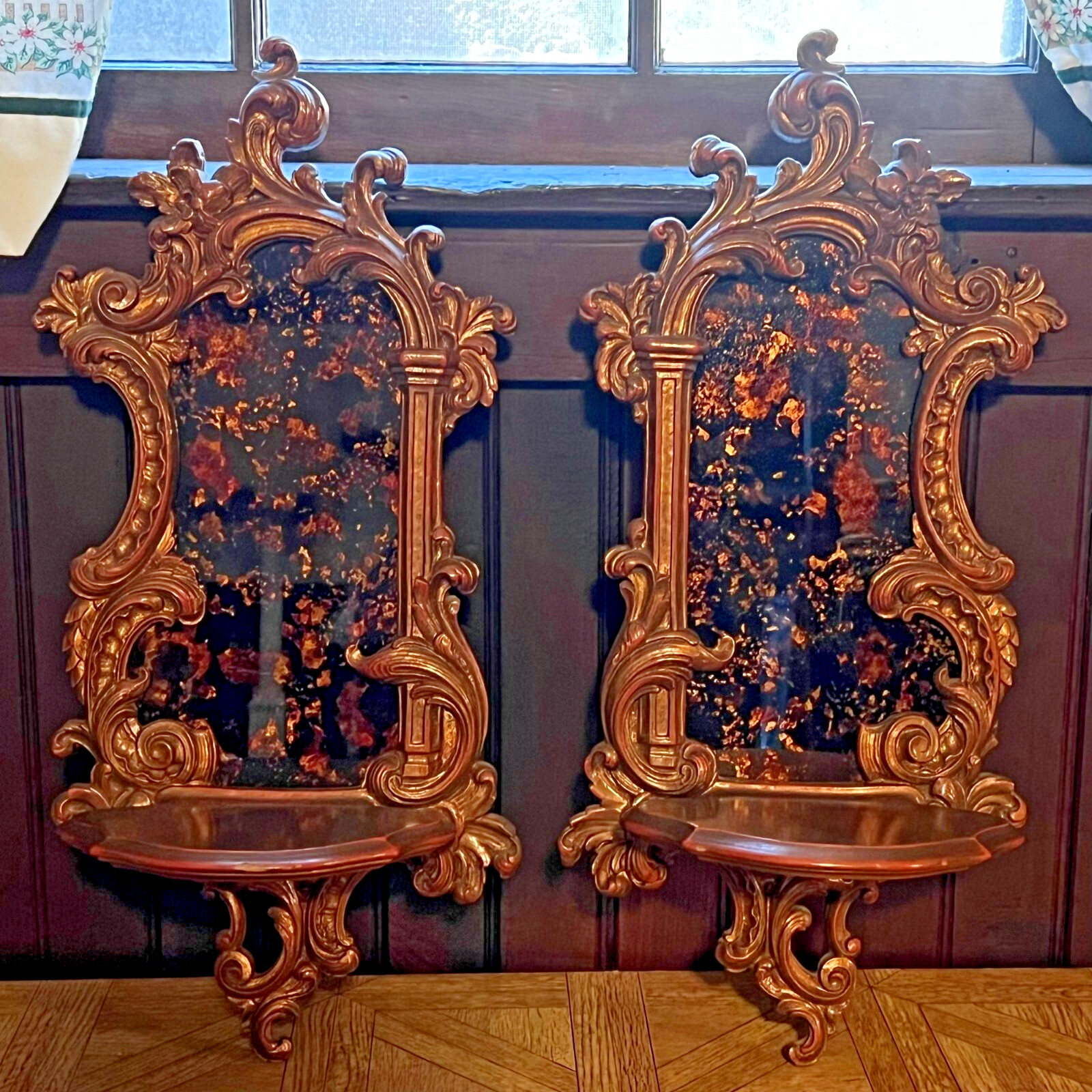 Vintage Pair of Wooden Foiled Mirrored Sconce Shelves   Excellent Condition 21