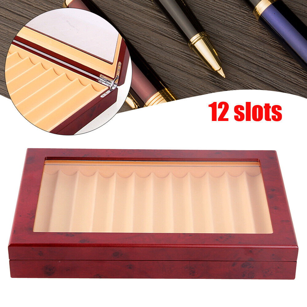 12 slots Fountain Pen Wood Display Box Storage Collector Box Organizer Clear Tip