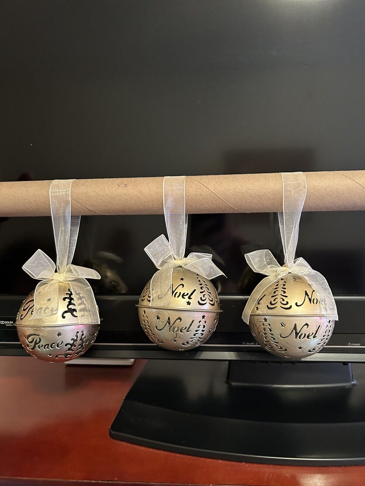 Gold Metal Jingle Bell Christmas Ornaments - 3 1/2 inch diameter - Set of 3