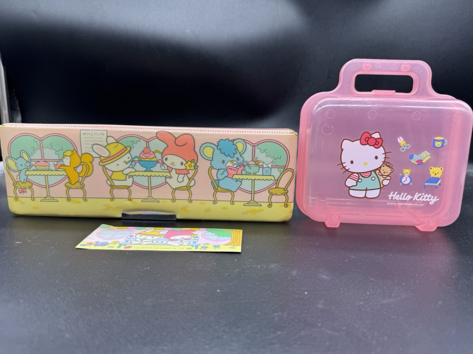 1981 My Melody Pencil Case Sanrio & 1989 Hello Kitty Pink Mini Trunk Plastic HTF