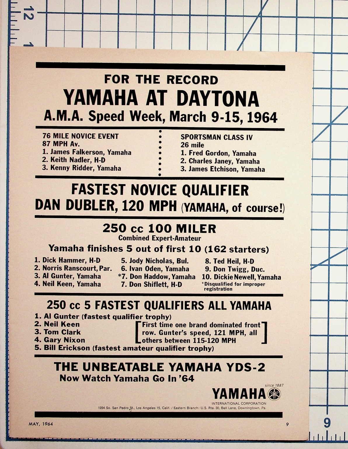 1964 Yamaha Daytona AMA Speed Week Race Results Ephemera YDS-2