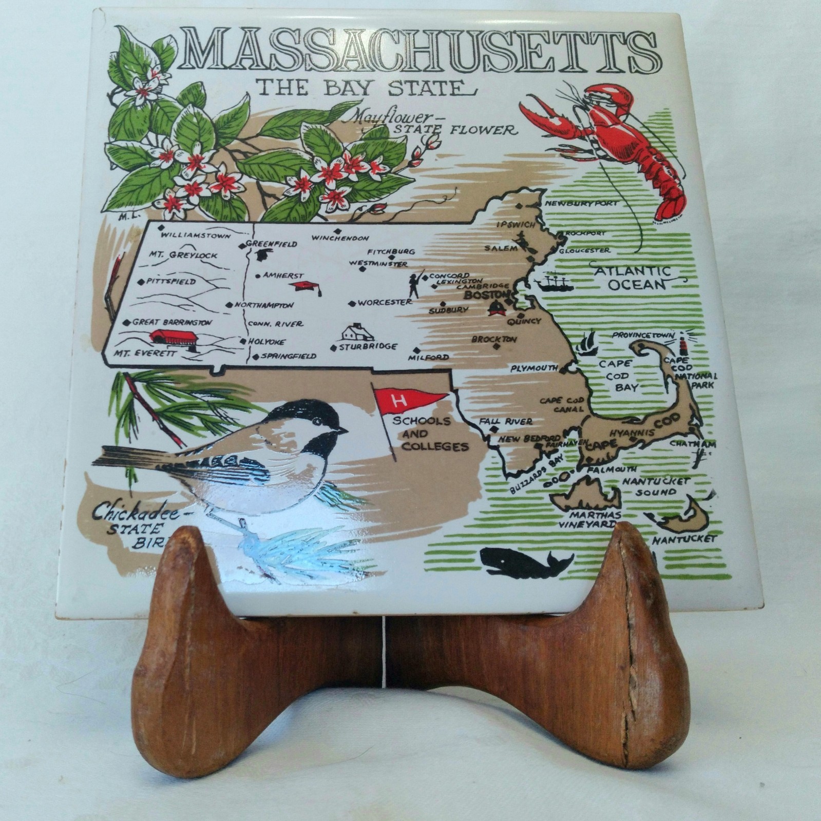 Vintage Mid-Century Massachusetts Map Souvenir Tile Chickadee Mayflower Trivet