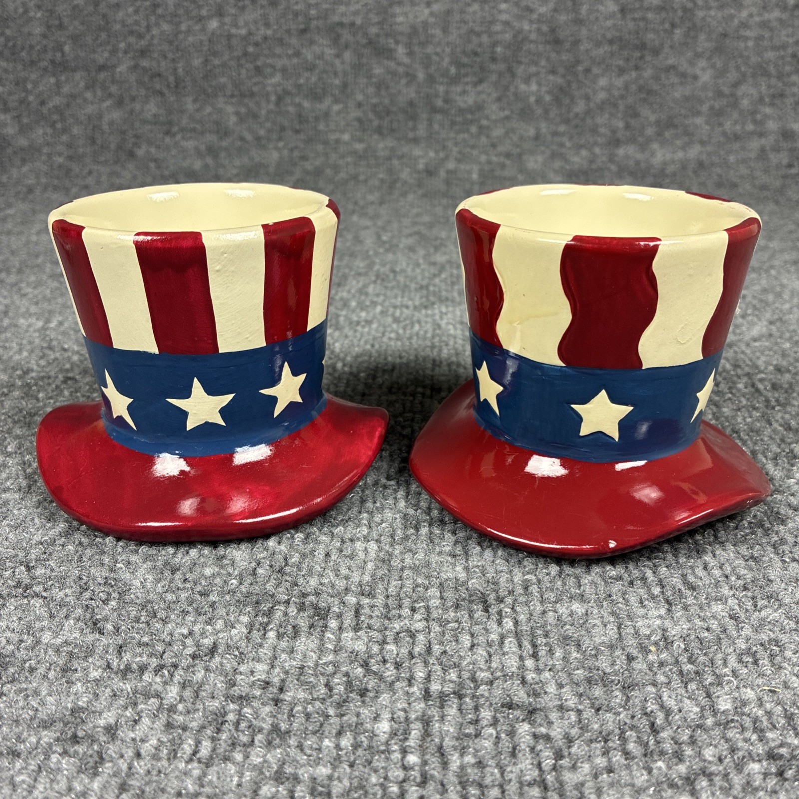 Vintage Ceramic Uncle Sam Top Hat Set 2 Patriotic Decor Miniature Planters Pair 