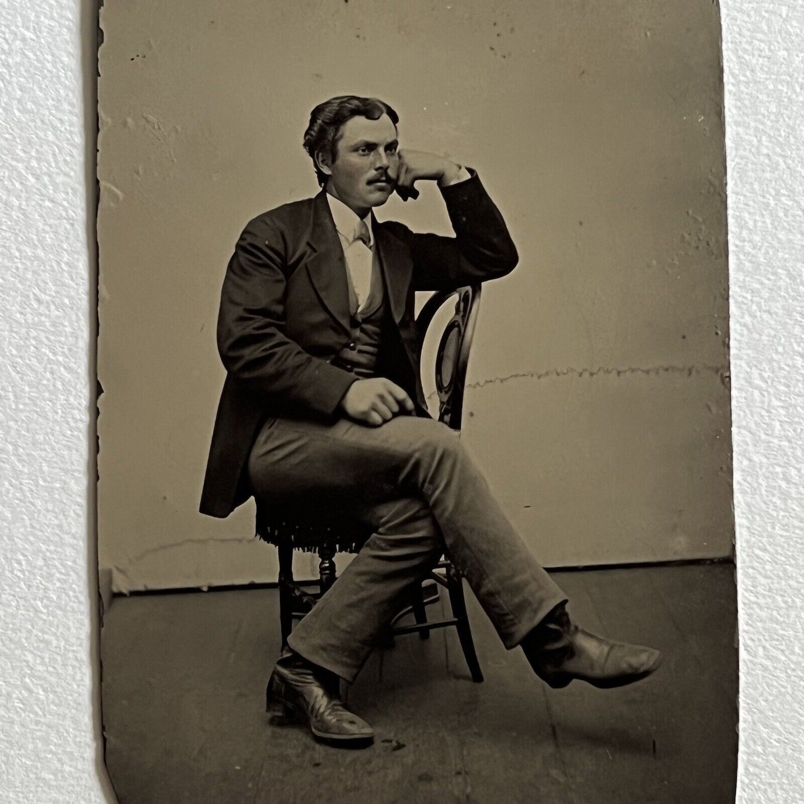 Antique Tintype Photograph Charming Handsome Young Man Mustache Boot Great Pose