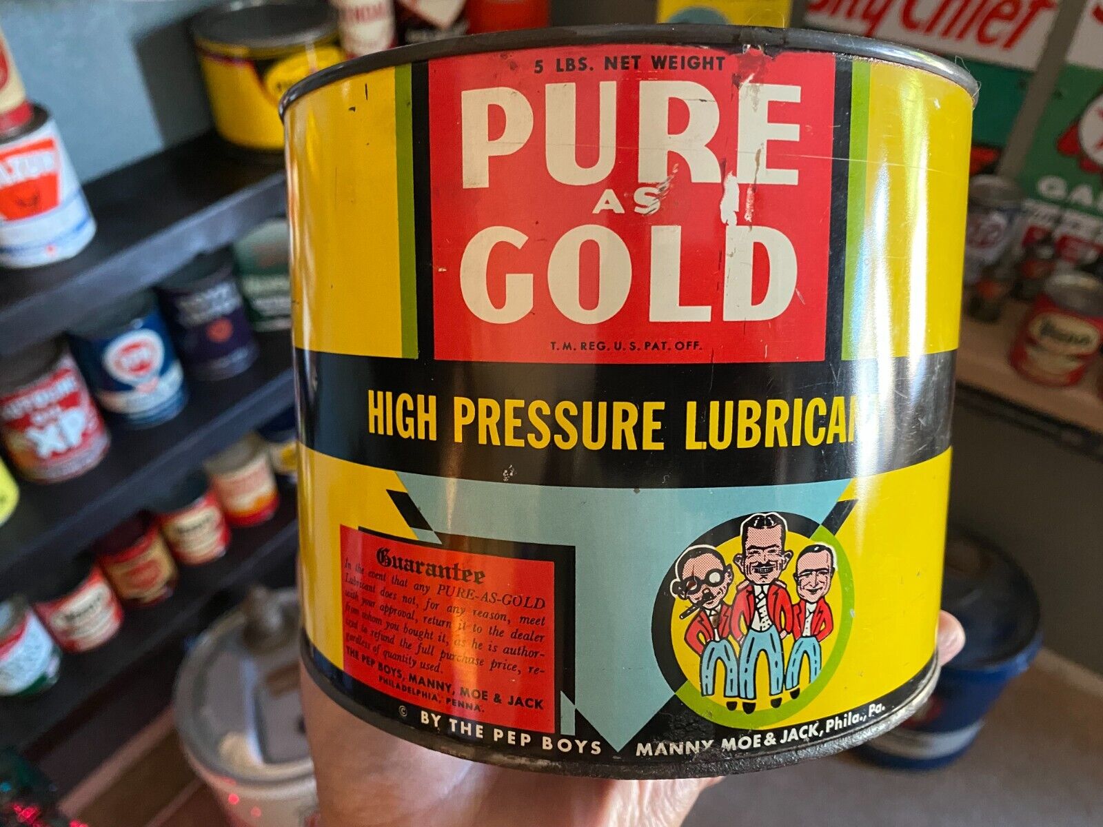NOS PEP BOYS PURE AS GOLD FULL 5LB GREASE CAN HIGH PRESSURE LUBE MANNAY MOE JACK