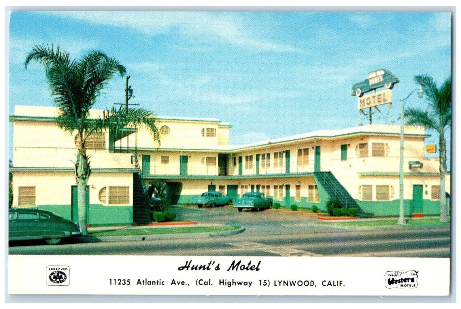 c1950\'s Hunt\'s Motel Cars Roadside Lynwood California CA Vintage Postcard