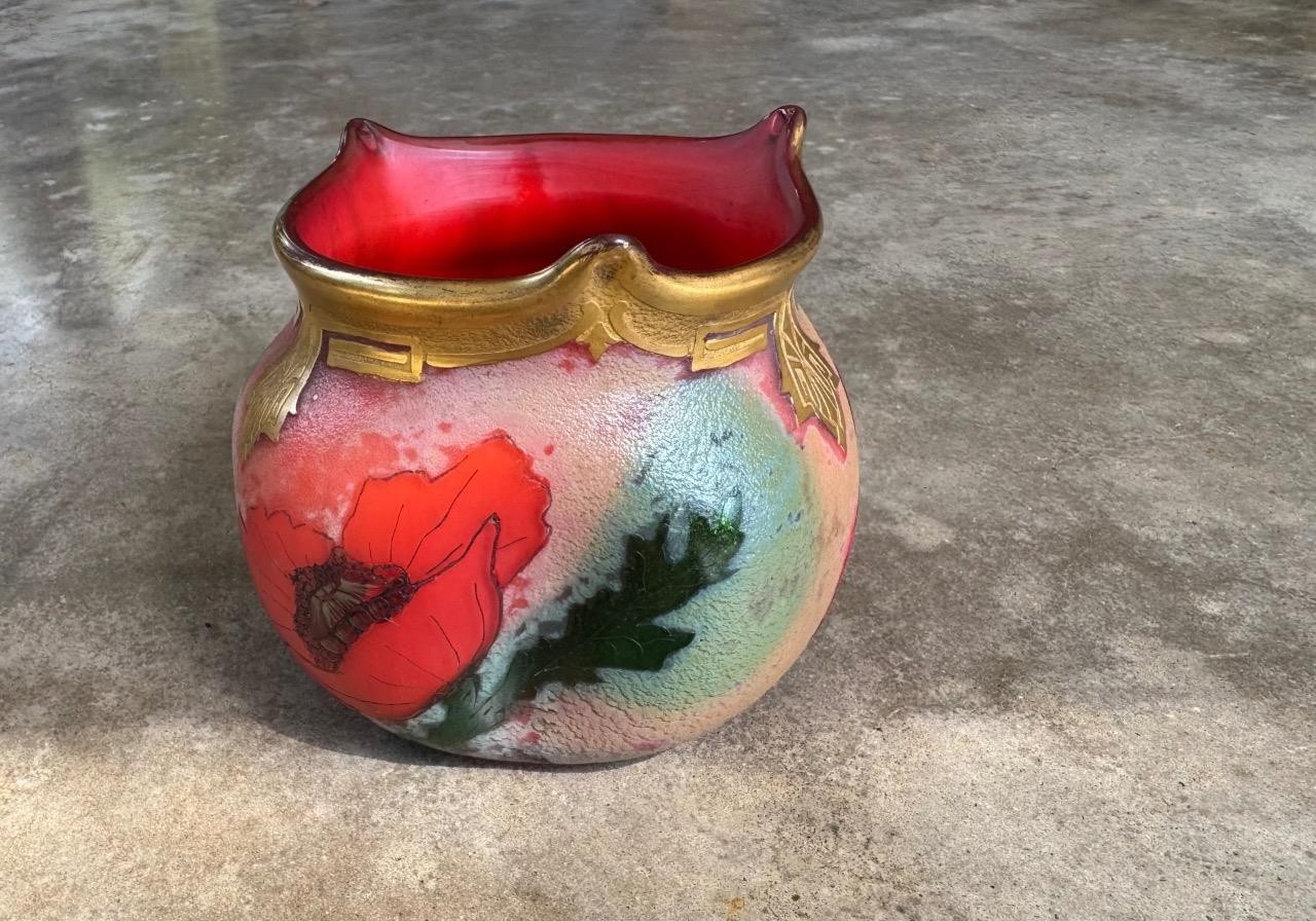 Antique French Art Nouveau Legras Indiana Poppy Pavots Glass Vase 5” Bowl