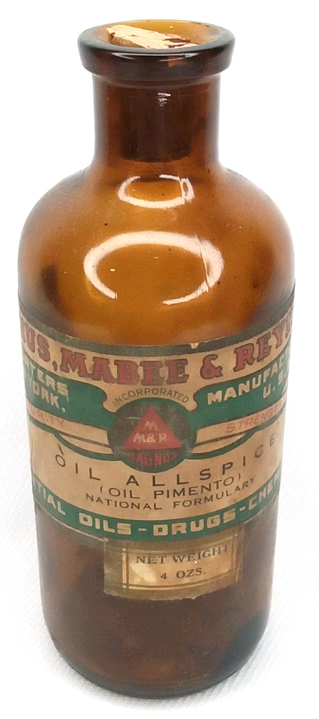 Antique 1930s Advertising Glass Bottle With Paper Label MMR Allspice New York NY