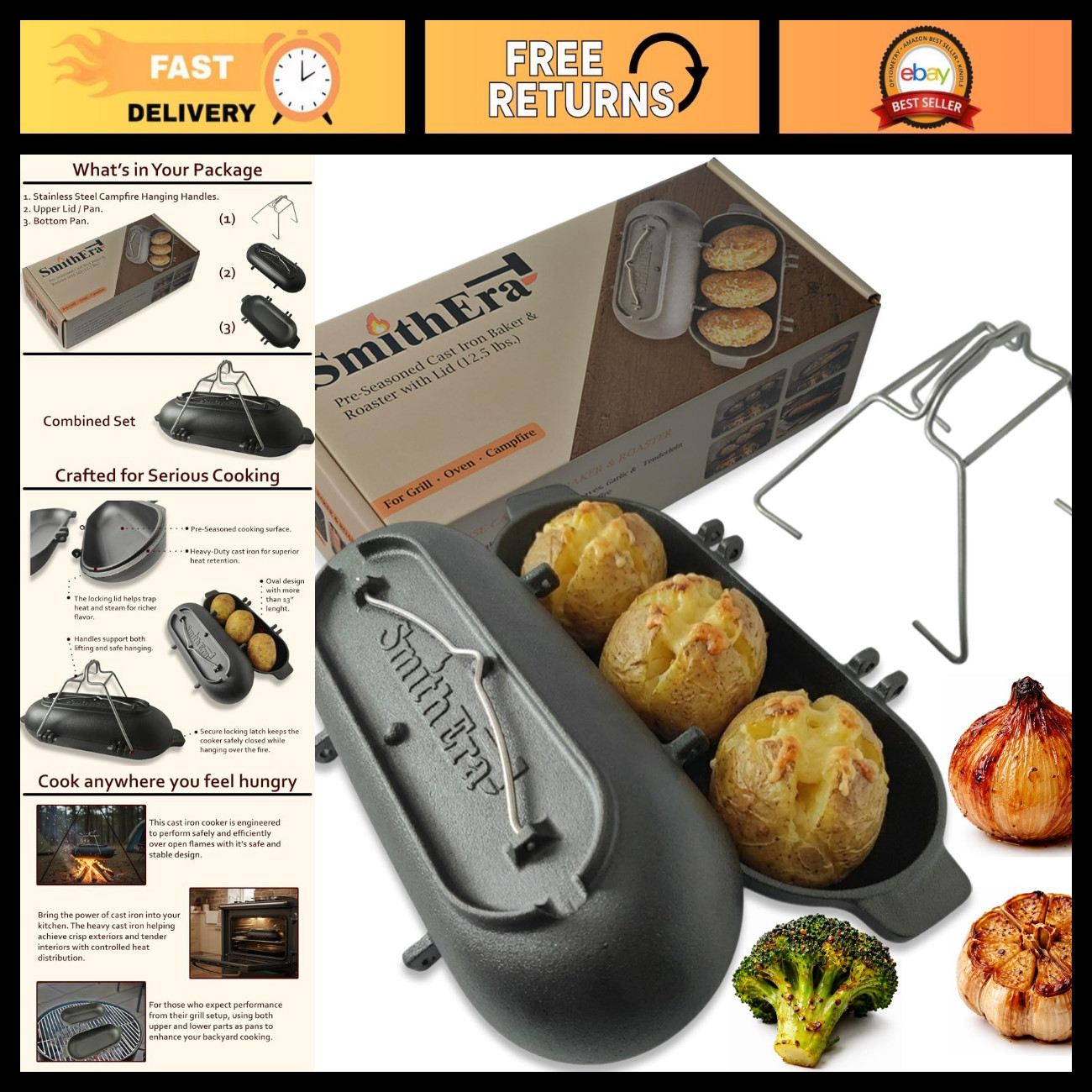 Cast Iron Potato Baker with Lid - Perfect for Grill, Oven & Campfire Cooking